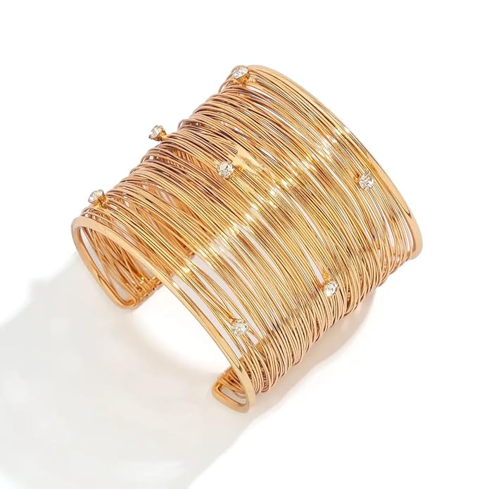 Golden Wire Cuff Bangle with Crystals