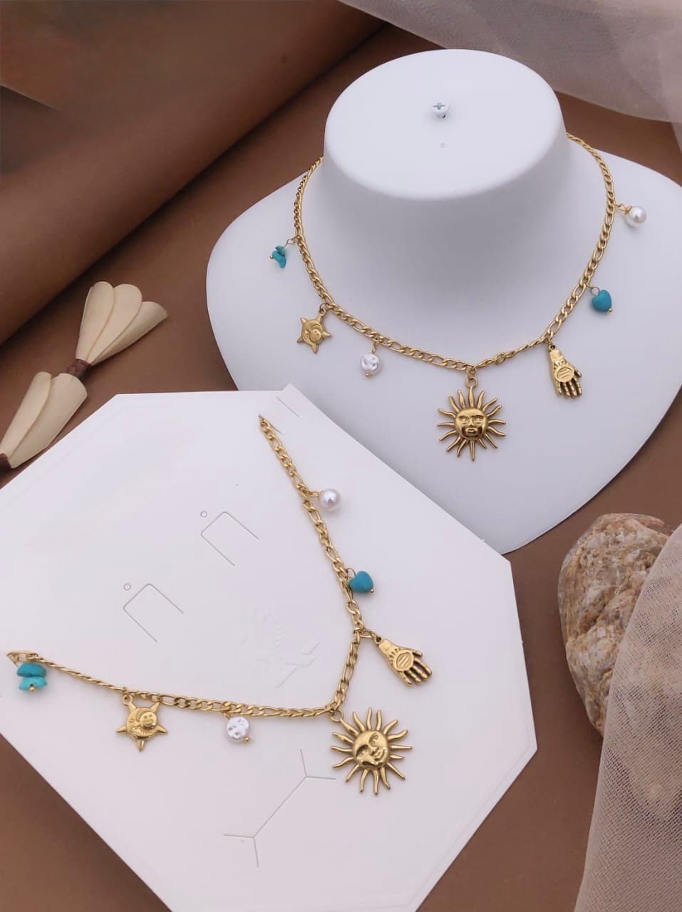 Women’s Gold-Plated Anti-Tarnish Charm Necklace | Sun, Hamsa Hand & Star Charms | Boho Style Charm Chain for Women | Trendy Anti-Tarnish Jewellery | Stylish Chain Necklace for Girls & Women
