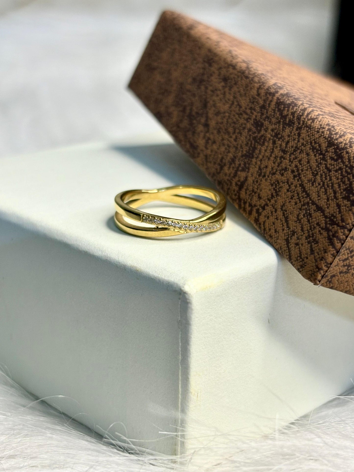 Anti-Tarnish Gold Crossover Ring for Women | Korean Style Pave Crystal Jewellery