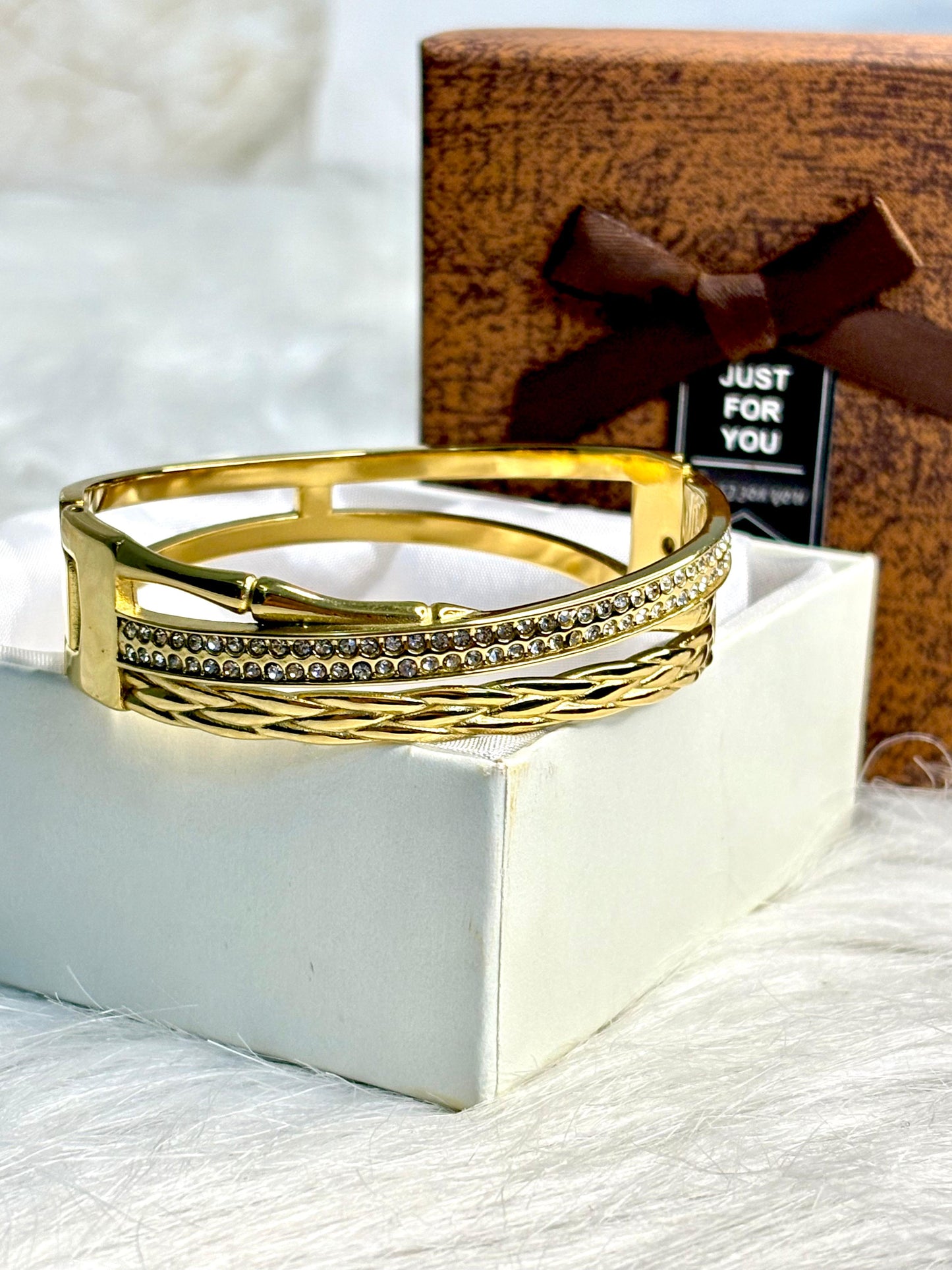 Durable Anti-Tarnish Gold Plated Crystal Embellished Bangle | Sparkly Korean Women's Bracelet