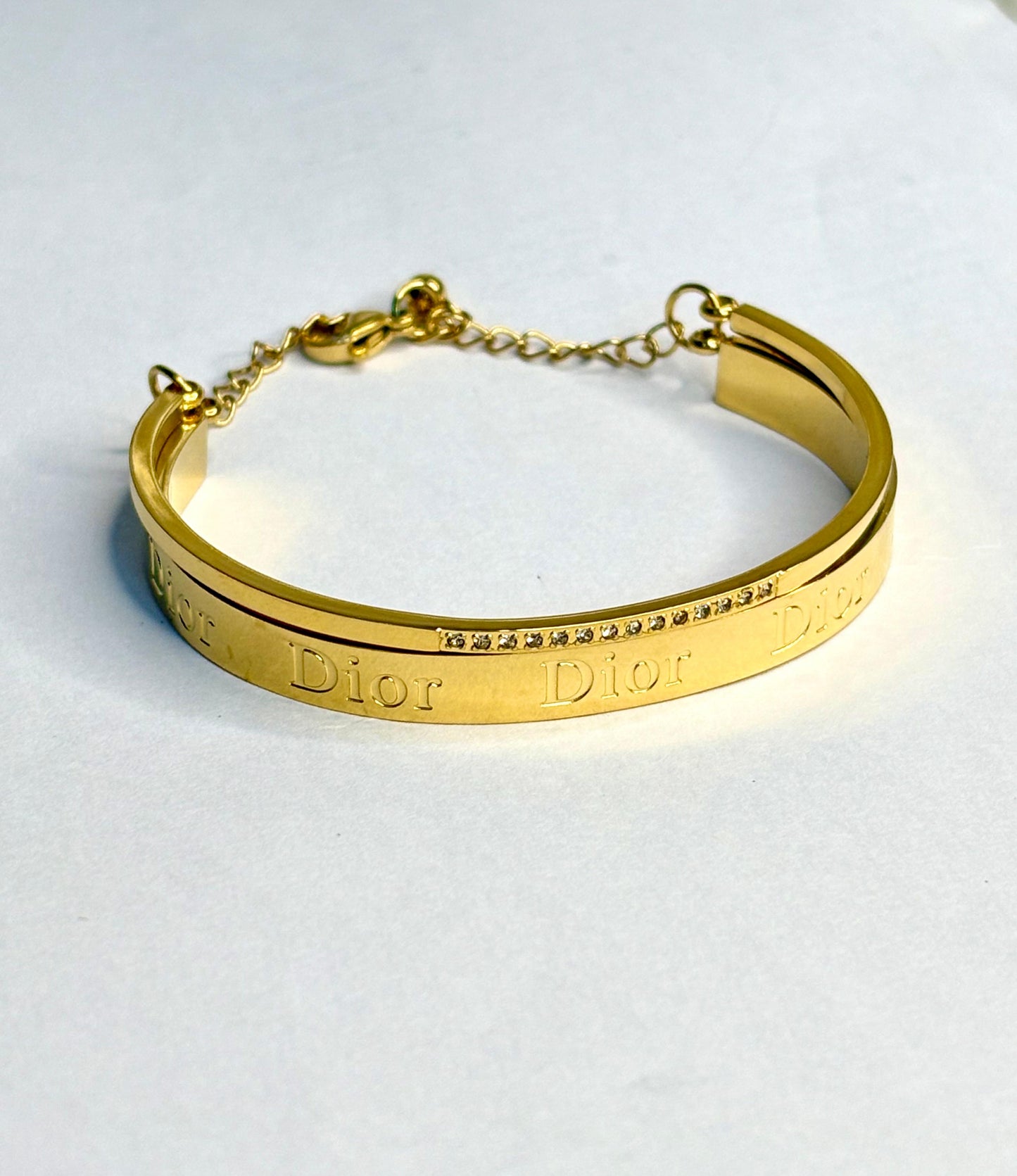 Women’s Gold-Plated Anti-Tarnish DIOR Bracelet Bangle | Engraved Cuff with Crystal Accents & Adjustable Chain | Korean Jewellery Style | Trendy Anti-Tarnish Jewellery for Girls & Women