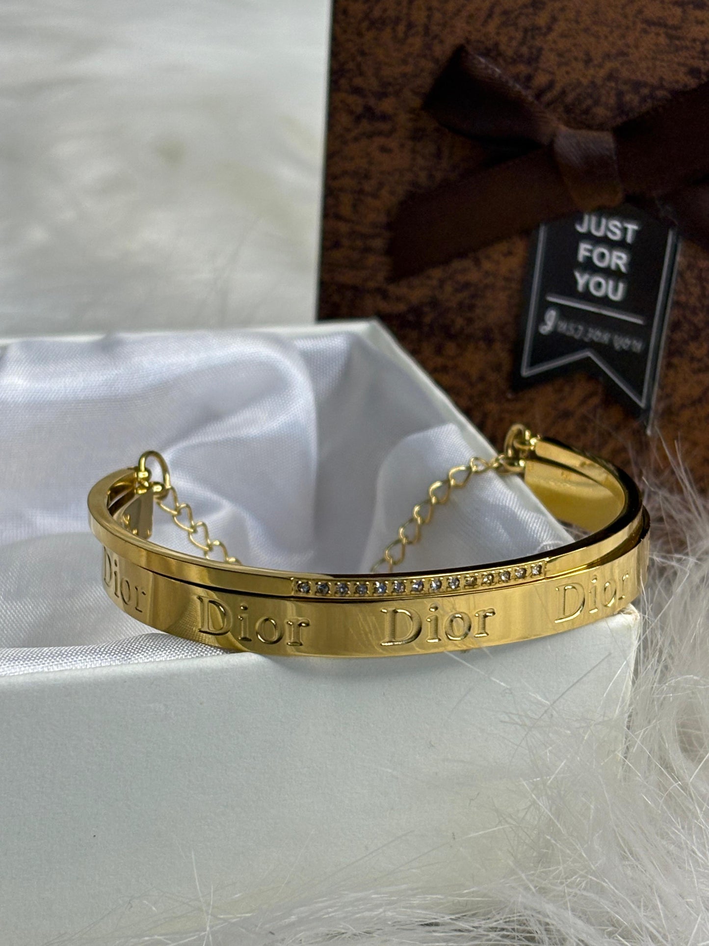 Women’s Gold-Plated Anti-Tarnish DIOR Bracelet Bangle | Engraved Cuff with Crystal Accents & Adjustable Chain | Korean Jewellery Style | Trendy Anti-Tarnish Jewellery for Girls & Women