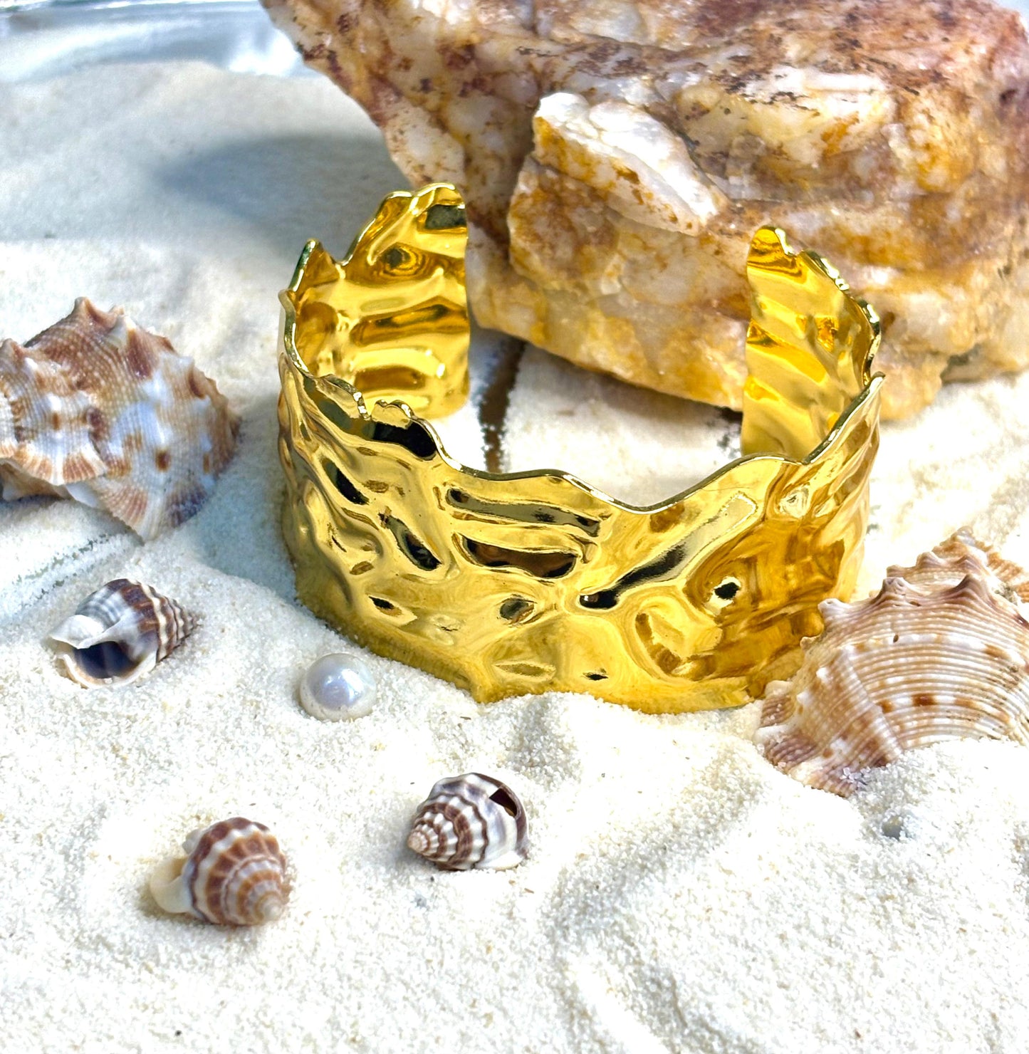 Anti-Tarnish Gold Wavy Organic Cuff Bangle | Korean Inspired Women's Jewellery