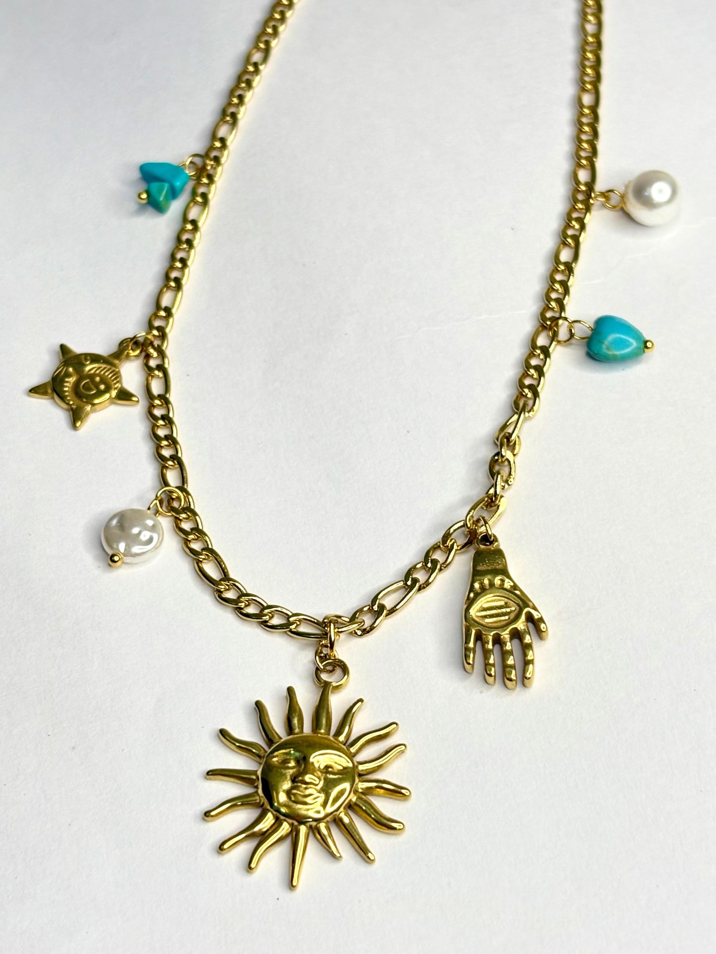 Women’s Gold-Plated Anti-Tarnish Charm Necklace | Sun, Hamsa Hand & Star Charms | Boho Style Charm Chain for Women | Trendy Anti-Tarnish Jewellery | Stylish Chain Necklace for Girls & Women