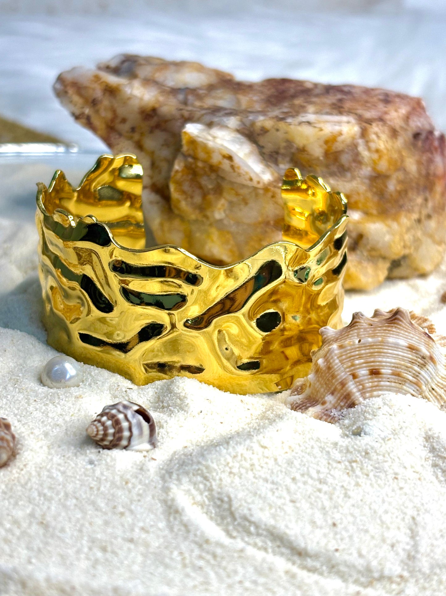 Anti-Tarnish Gold Wavy Organic Cuff Bangle | Korean Inspired Women's Jewellery