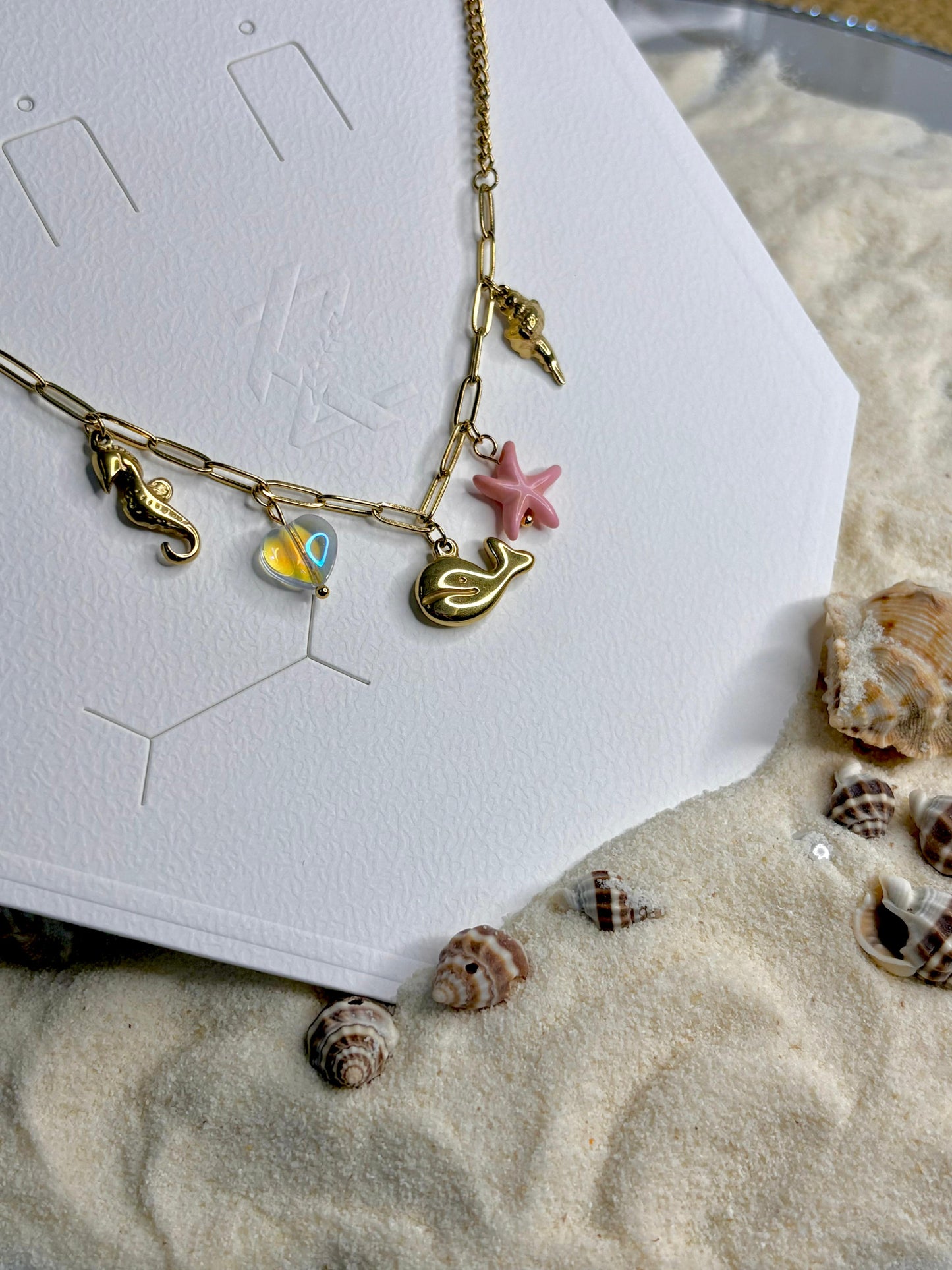 Women’s Gold-Plated Anti-Tarnish Charm Necklace | Sea-Inspired Chain with Whale, Starfish, Seahorse & Shell Charms | Stylish Charm Chain for Women | Trendy Anti-Tarnish Jewellery for Girls & Women