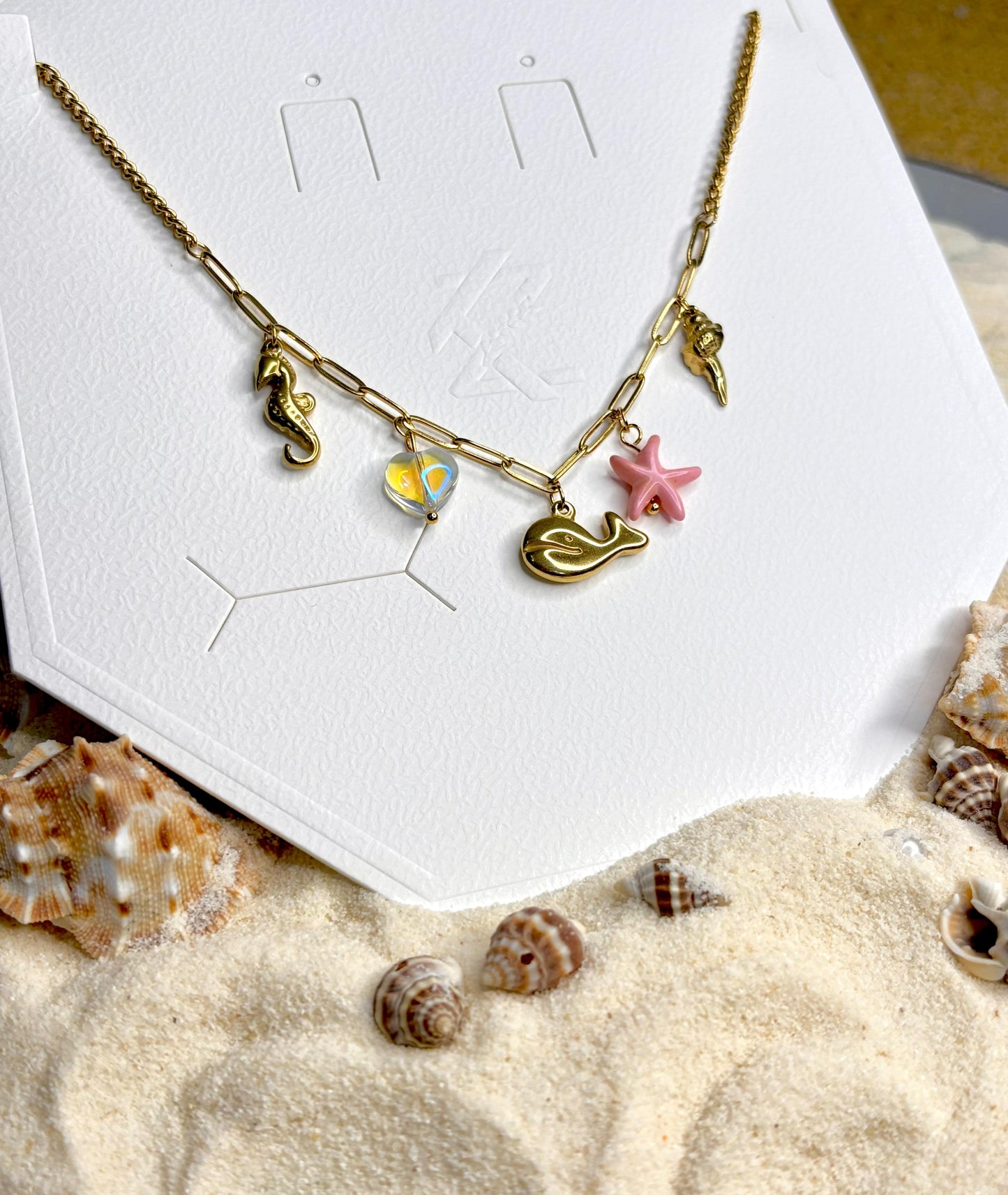 Women’s Gold-Plated Anti-Tarnish Charm Necklace | Sea-Inspired Chain with Whale, Starfish, Seahorse & Shell Charms | Stylish Charm Chain for Women | Trendy Anti-Tarnish Jewellery for Girls & Women
