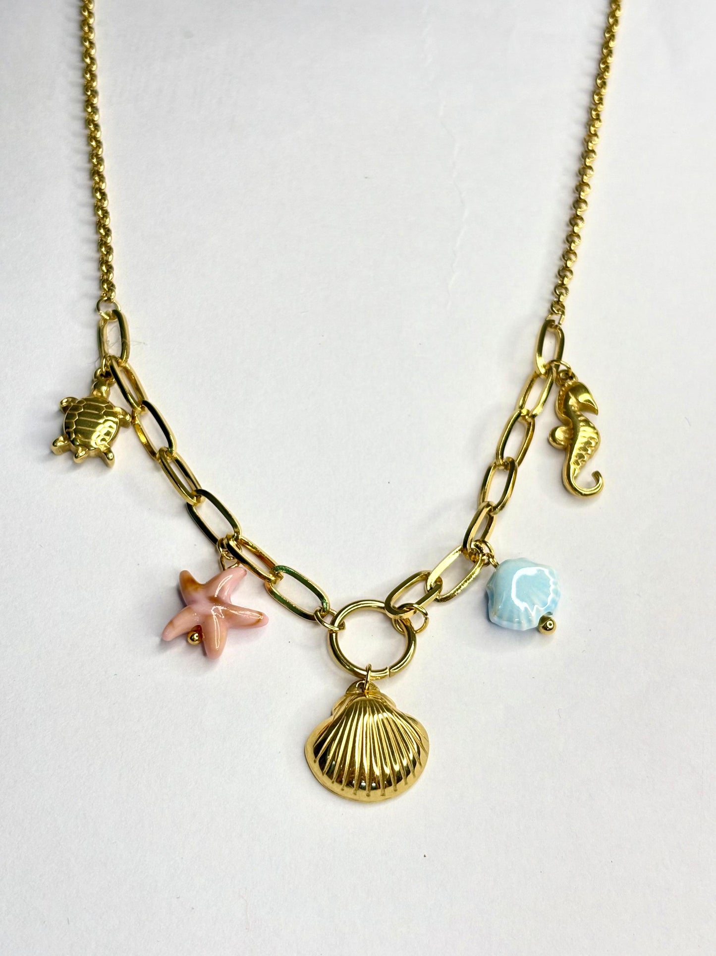 Women’s Gold-Plated Anti-Tarnish Charm Necklace | Sea-Inspired Chain with Shell, Starfish, Seahorse, Turtle & Ocean Charms | Trendy Charm Chain for Women | Stylish Anti-Tarnish Jewellery & Necklace for Girls