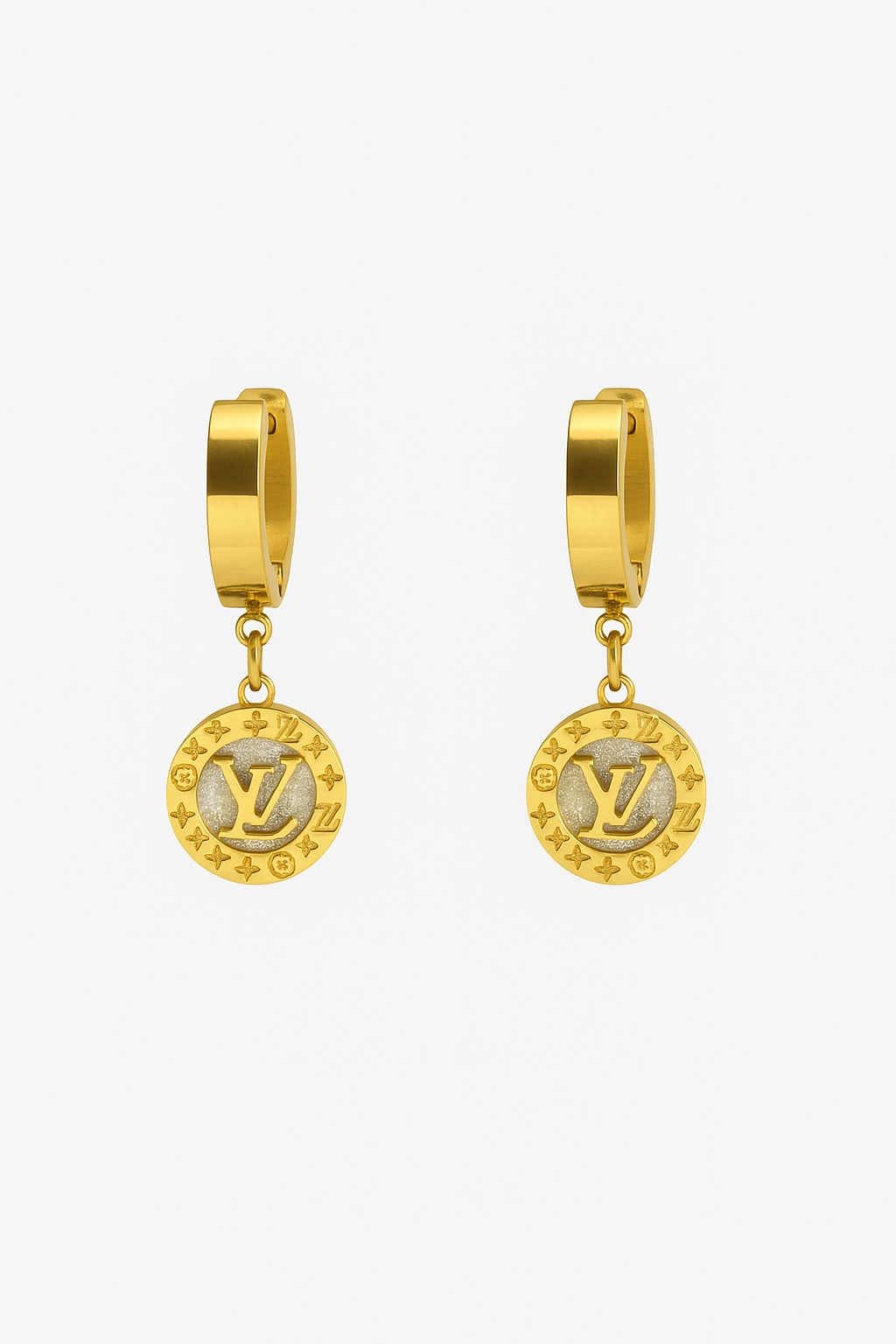 Korean Trend Anti-Tarnish Gold Plated Dangle Hoop Earrings for Women - Round Charm with Letter & Motif Design, Crystal Accent