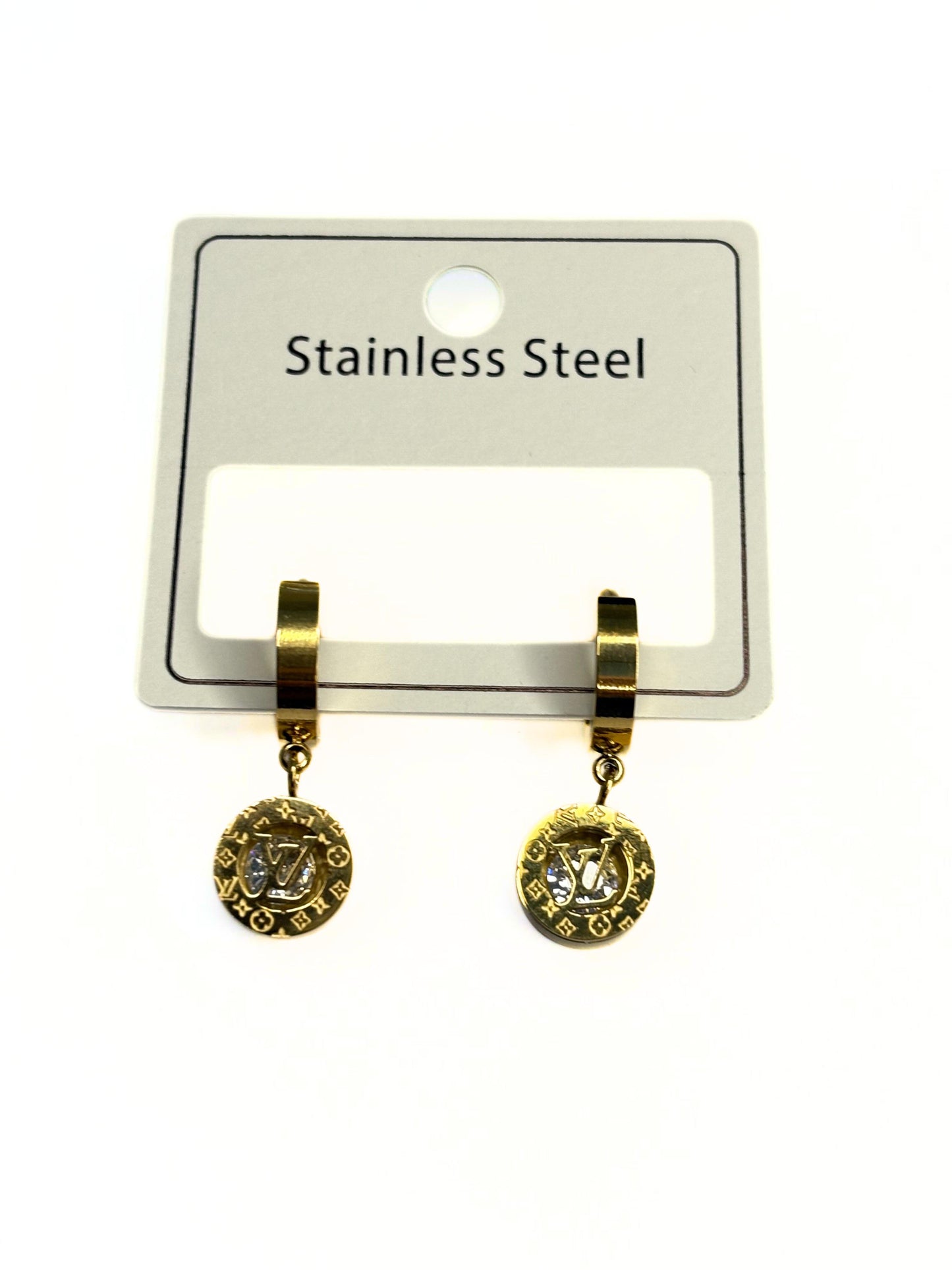 Korean Trend Anti-Tarnish Gold Plated Dangle Hoop Earrings for Women - Round Charm with Letter & Motif Design, Crystal Accent