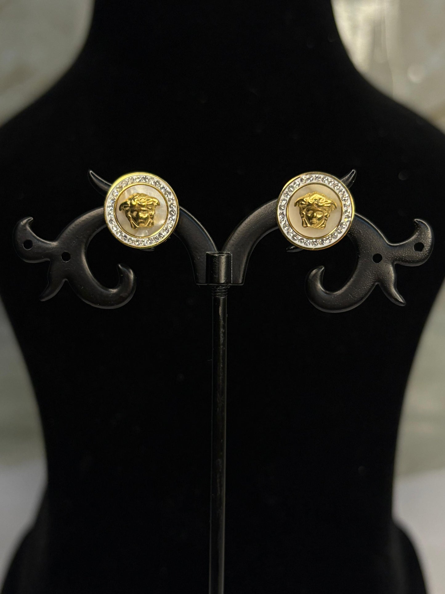 ZIOR- Korean Fashion Anti-Tarnish Gold Plated Stainless Steel Stud Earrings for Women - Round Design with Gold Tone Face Motif & Crystal Halo