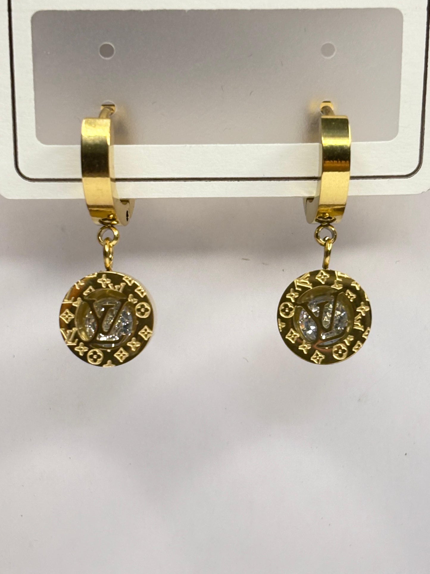 Korean Trend Anti-Tarnish Gold Plated Dangle Hoop Earrings for Women - Round Charm with Letter & Motif Design, Crystal Accent