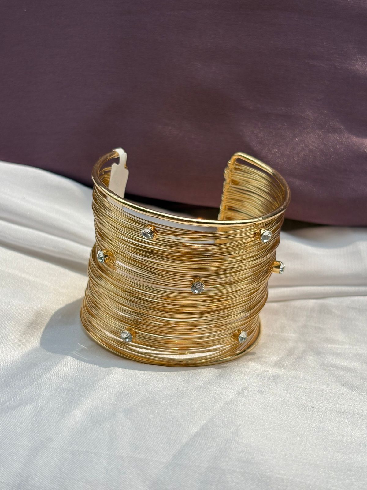 Golden Wire Cuff Bangle with Crystals