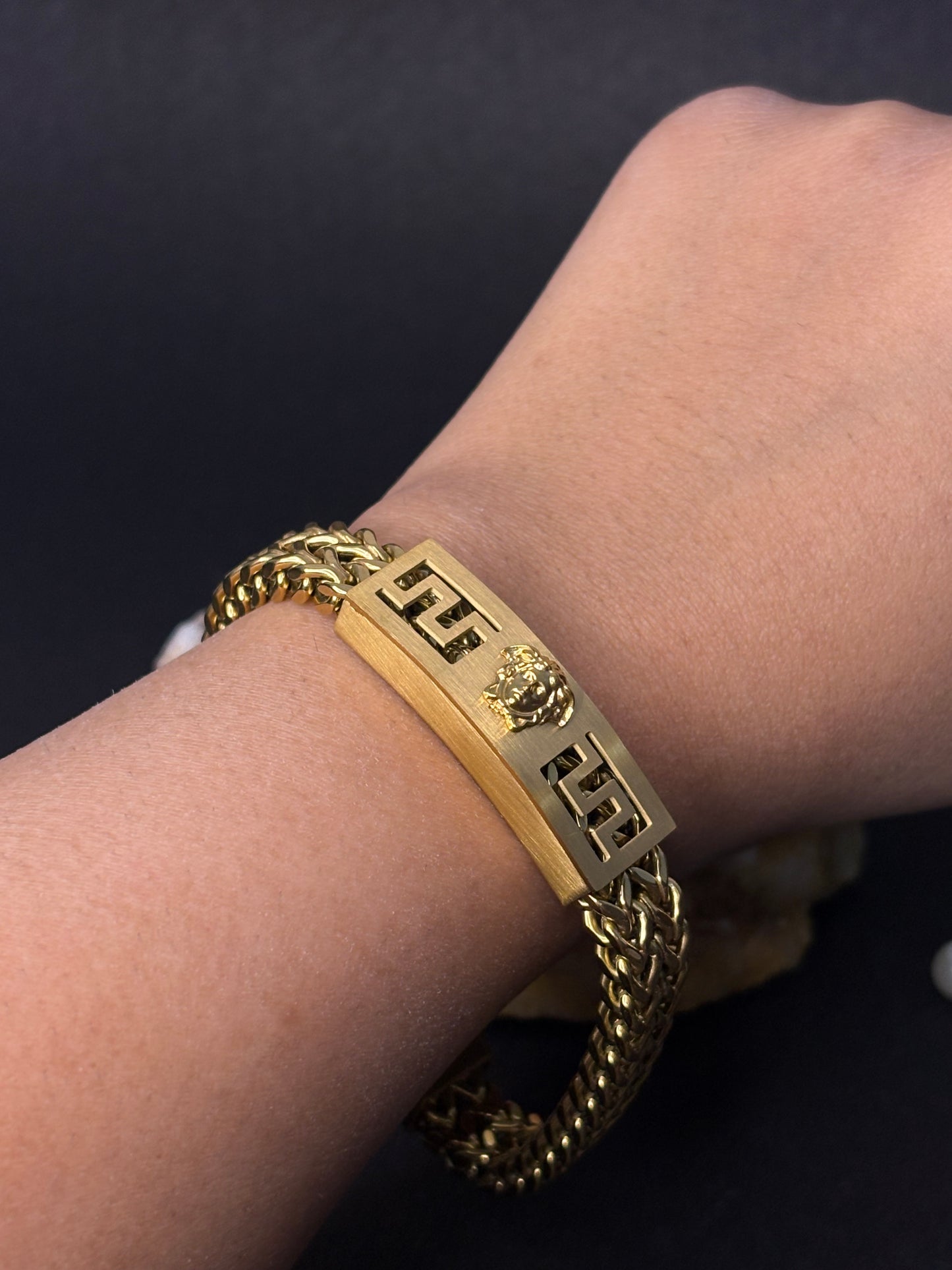 ZIOR Men's Gold Lion Head Bracelet with Greek Key Design Anti-Tarnish Stainless Steel Luxury Chain