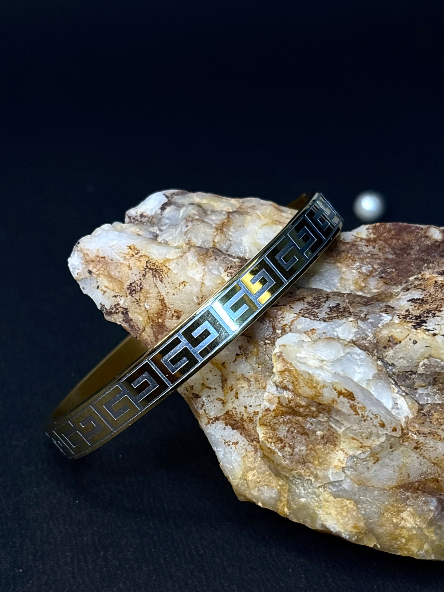 ZIOR Men's Gold-Tone Kada Bracelet with Greek Key Design | Anti-Tarnish Stainless Steel Bangle