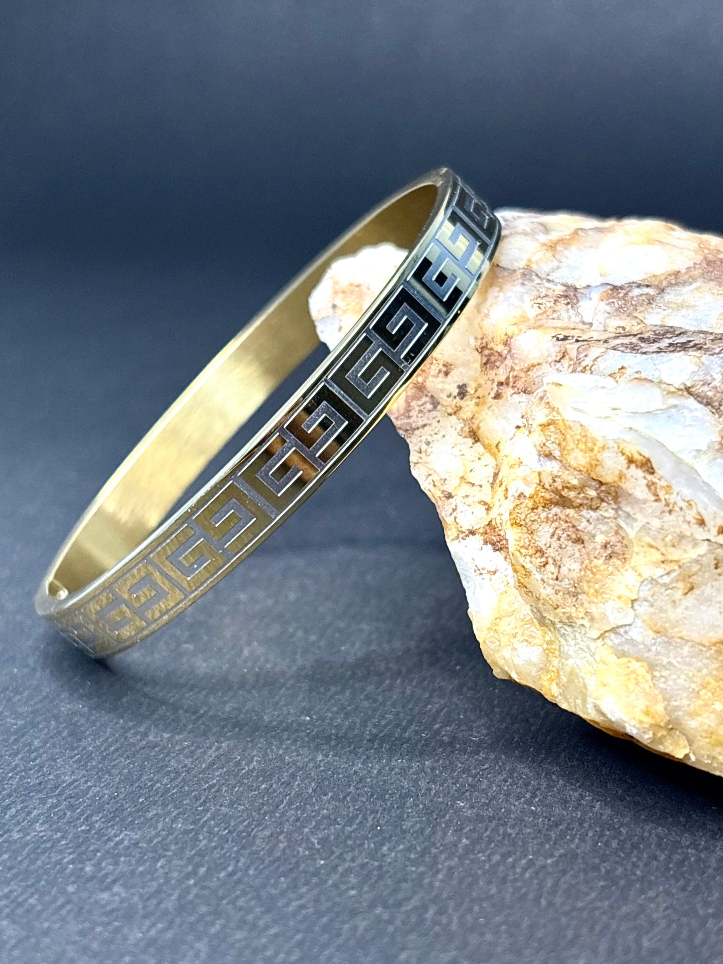 ZIOR Men's Gold-Tone Kada Bracelet with Greek Key Design | Anti-Tarnish Stainless Steel Bangle