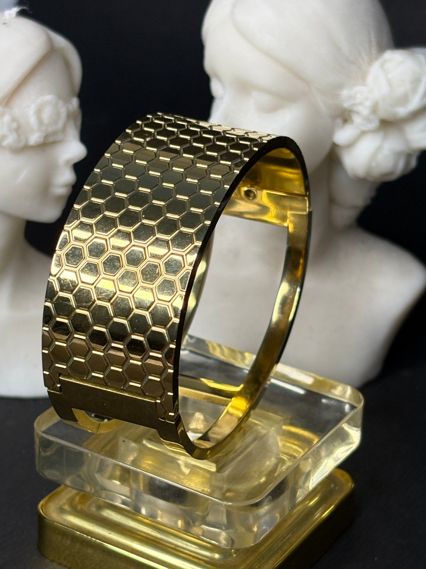 ZIOR Women's Gold-Plated Wide Cuff Bracelet Elegant Honeycomb Pattern