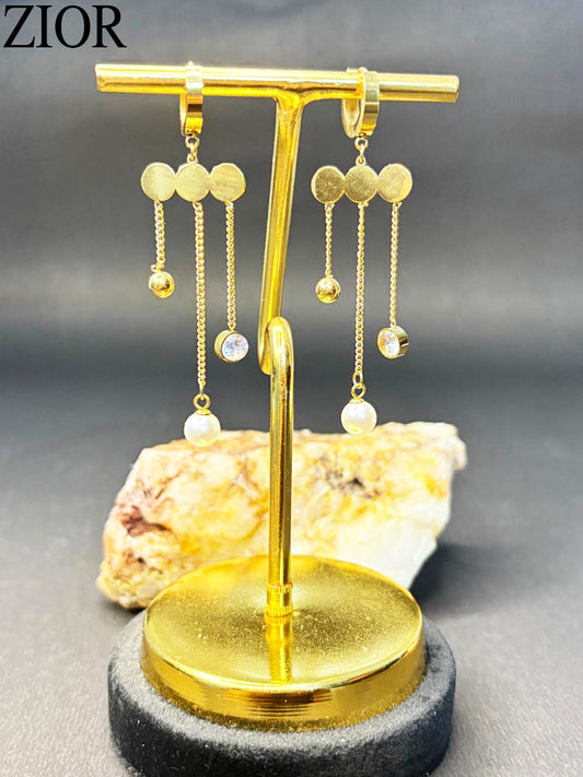 ZIOR Elegant Gold-Toned Dangle Earrings for Women with Triple Chain Drop