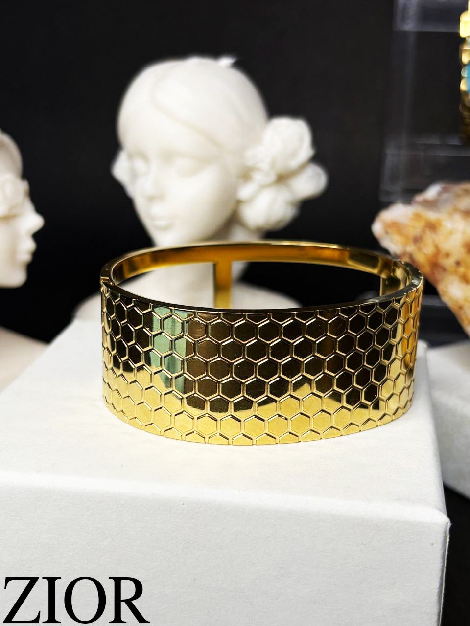 ZIOR Women's Gold-Plated Wide Cuff Bracelet Elegant Honeycomb Pattern