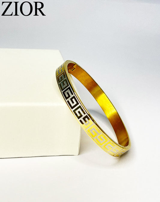 ZIOR Men's Gold-Tone Kada Bracelet with Greek Key Design | Anti-Tarnish Stainless Steel Bangle