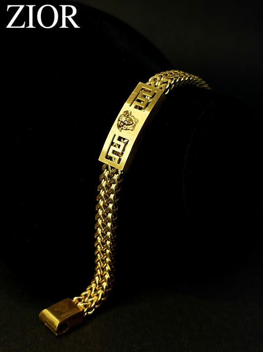 ZIOR Men's Gold Lion Head Bracelet with Greek Key Design Anti-Tarnish Stainless Steel Luxury Chain