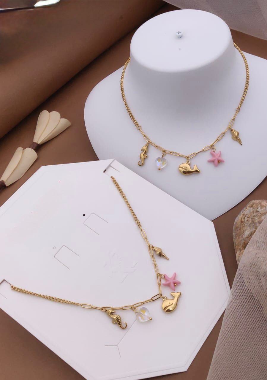 Women’s Gold-Plated Anti-Tarnish Charm Necklace | Sea-Inspired Chain with Whale, Starfish, Seahorse & Shell Charms | Stylish Charm Chain for Women | Trendy Anti-Tarnish Jewellery for Girls & Women
