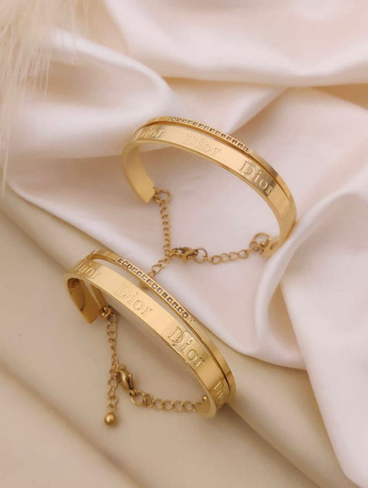 Women’s Gold-Plated Anti-Tarnish DIOR Bracelet Bangle | Engraved Cuff with Crystal Accents & Adjustable Chain | Korean Jewellery Style | Trendy Anti-Tarnish Jewellery for Girls & Women