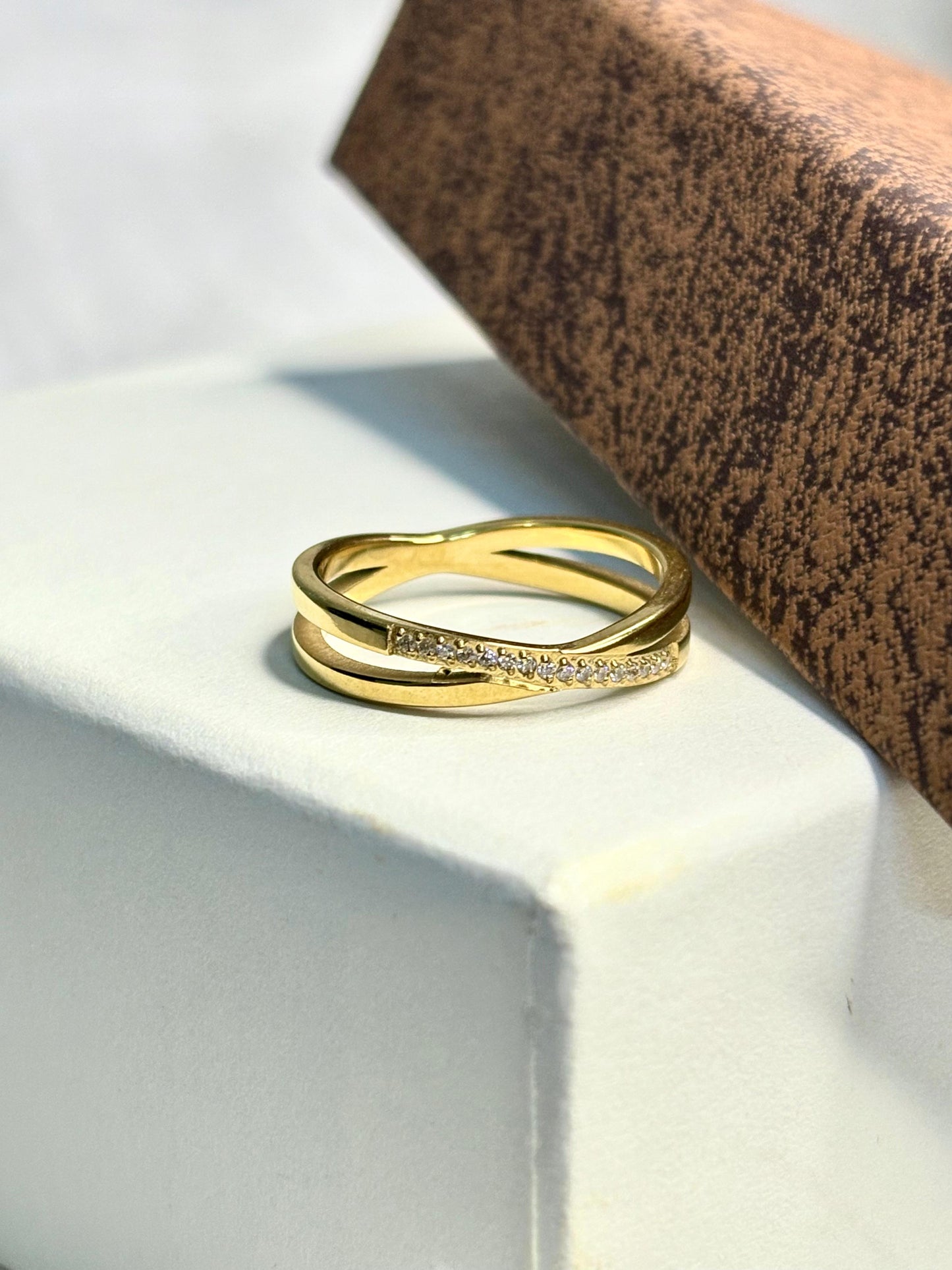 Anti-Tarnish Gold Crossover Ring for Women | Korean Style Pave Crystal Jewellery