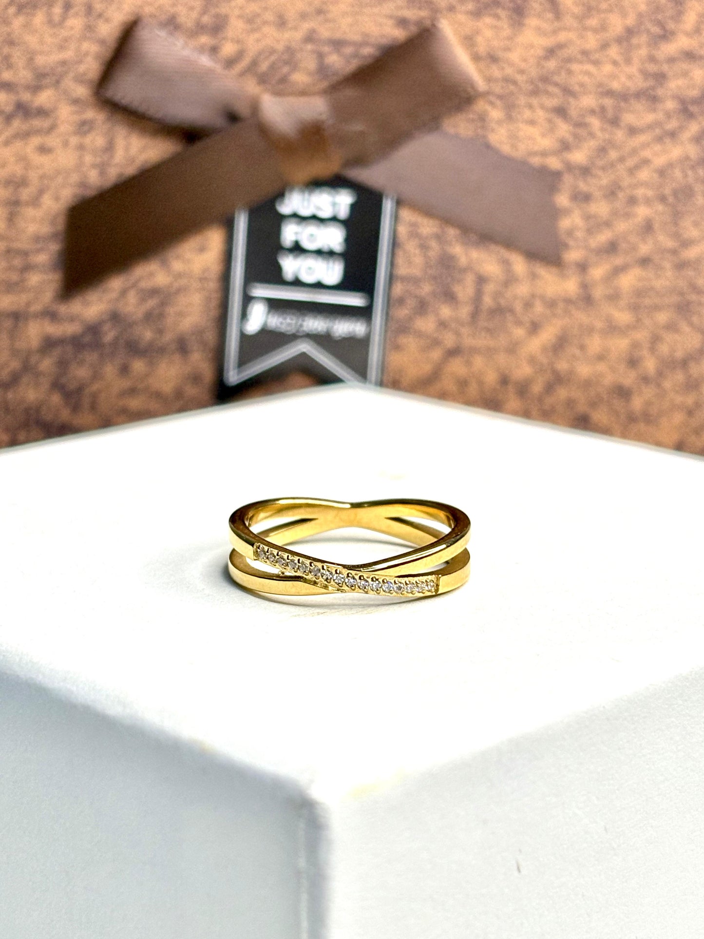 Anti-Tarnish Gold Crossover Ring for Women | Korean Style Pave Crystal Jewellery