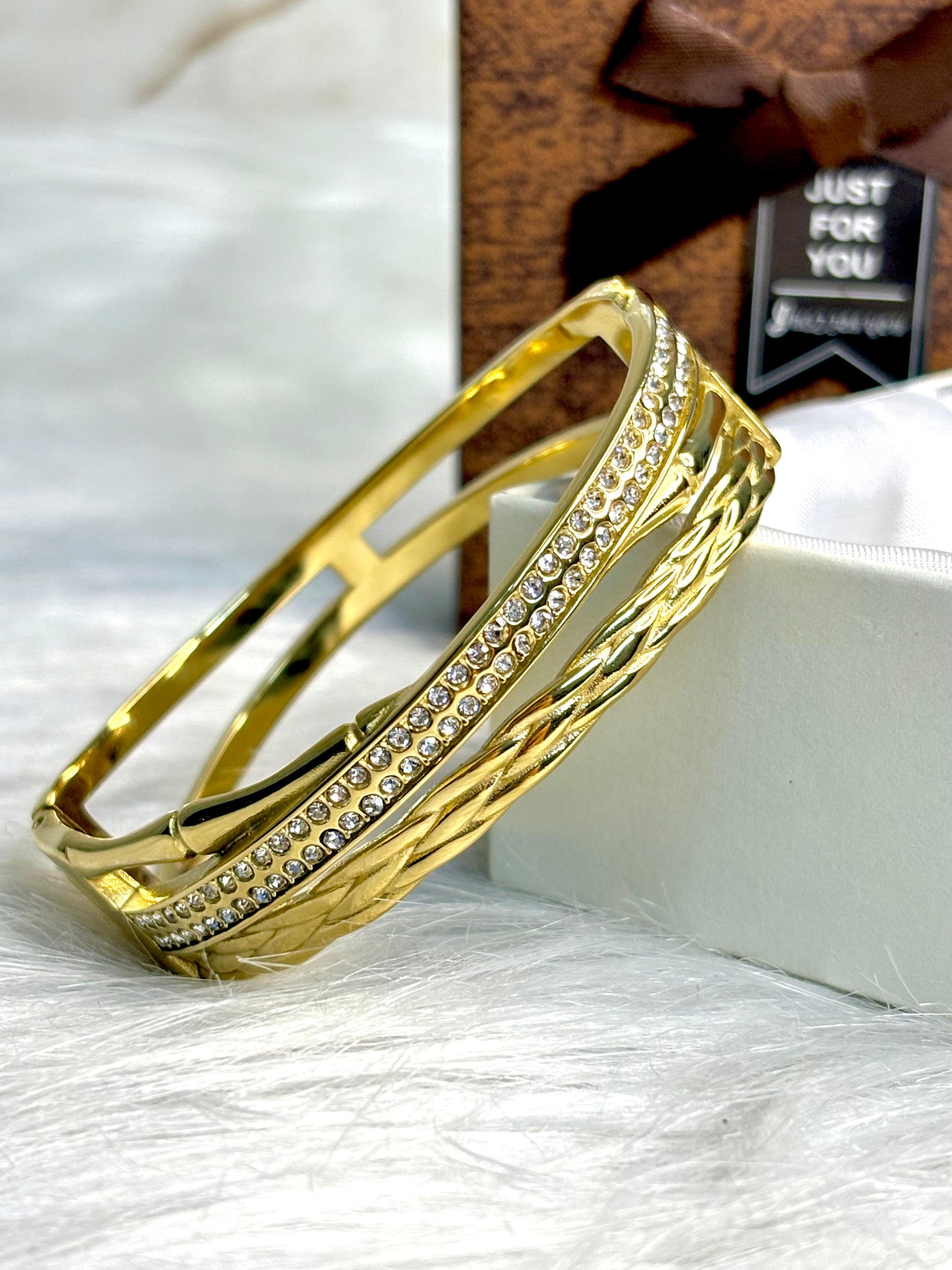 Durable Anti-Tarnish Gold Plated Crystal Embellished Bangle | Sparkly Korean Women's Bracelet