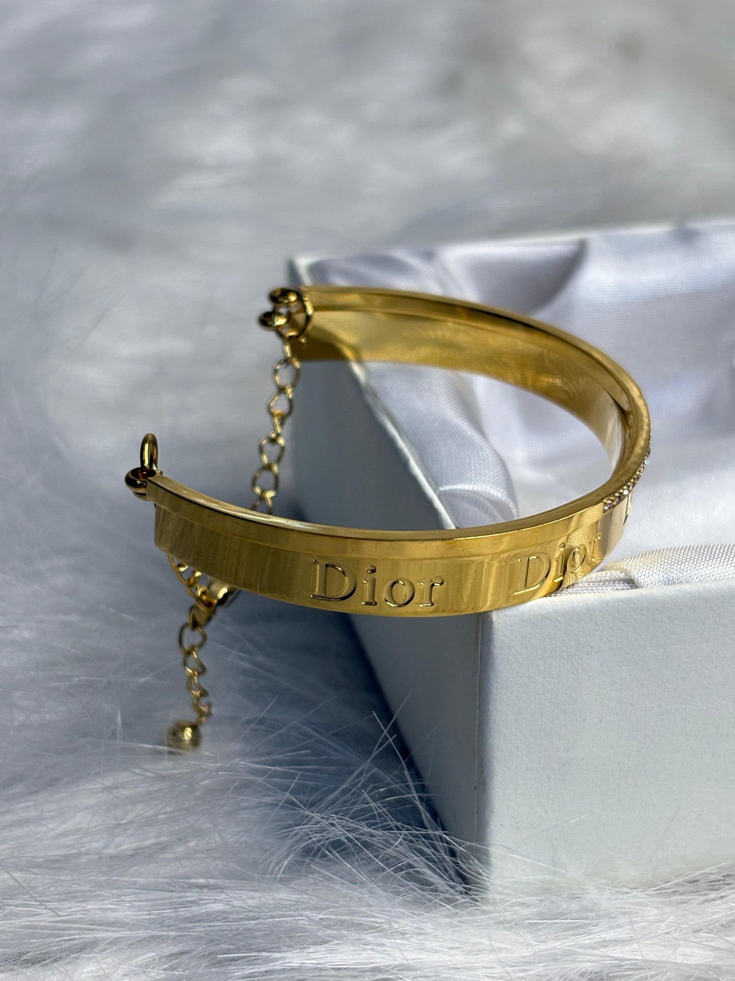 Women’s Gold-Plated Anti-Tarnish DIOR Bracelet Bangle | Engraved Cuff with Crystal Accents & Adjustable Chain | Korean Jewellery Style | Trendy Anti-Tarnish Jewellery for Girls & Women