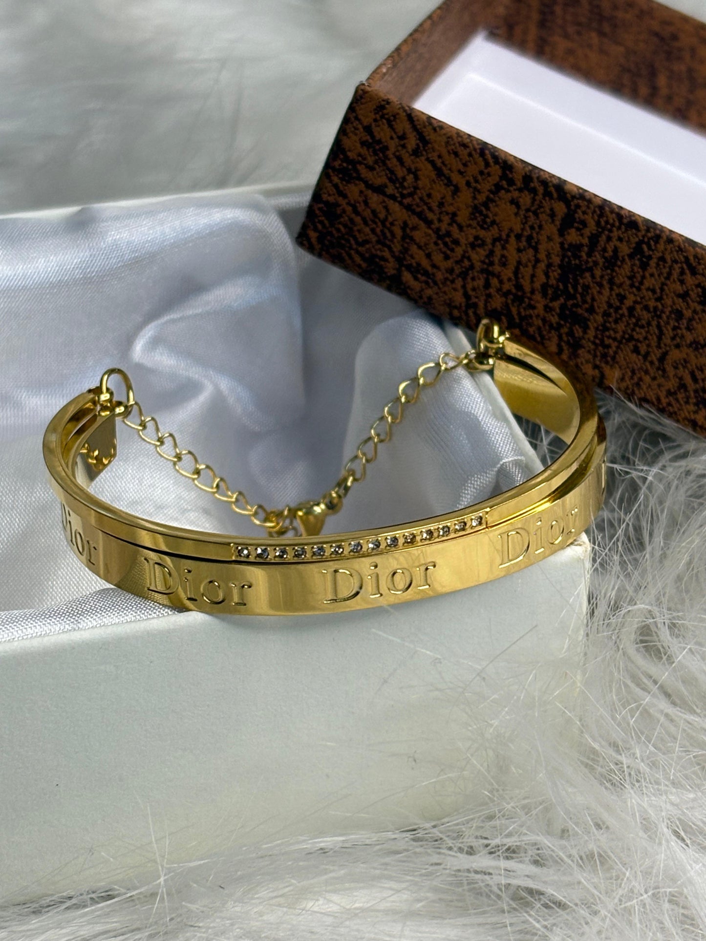 Women’s Gold-Plated Anti-Tarnish DIOR Bracelet Bangle | Engraved Cuff with Crystal Accents & Adjustable Chain | Korean Jewellery Style | Trendy Anti-Tarnish Jewellery for Girls & Women