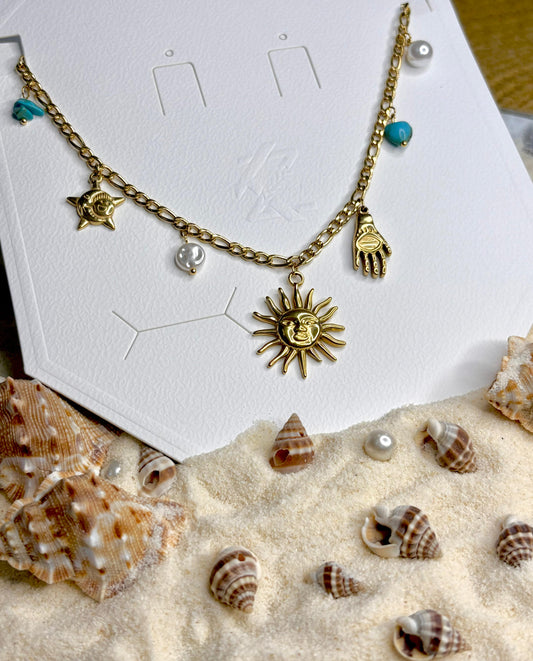 Women’s Gold-Plated Anti-Tarnish Charm Necklace | Sun, Hamsa Hand & Star Charms | Boho Style Charm Chain for Women | Trendy Anti-Tarnish Jewellery | Stylish Chain Necklace for Girls & Women