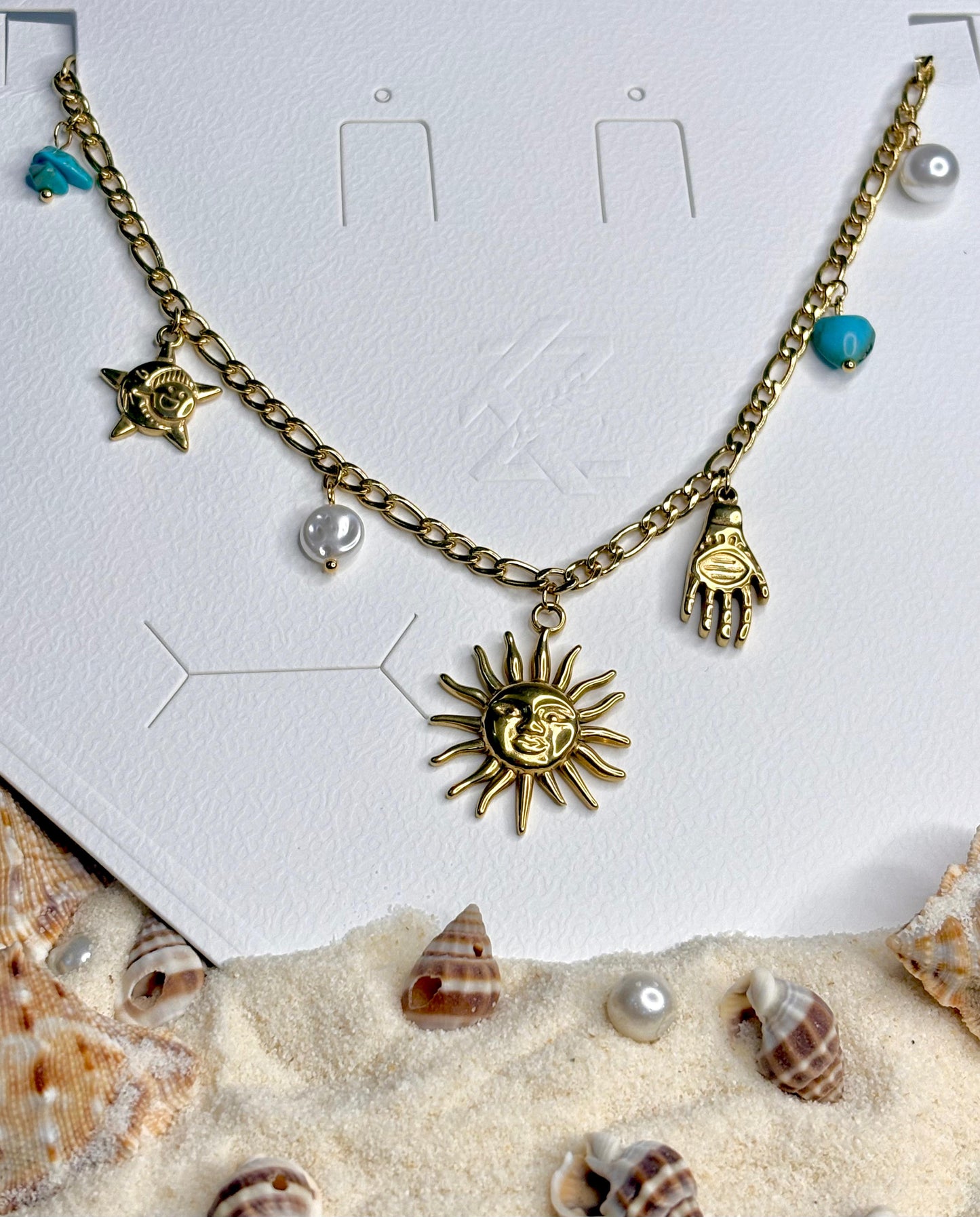 Women’s Gold-Plated Anti-Tarnish Charm Necklace | Sun, Hamsa Hand & Star Charms | Boho Style Charm Chain for Women | Trendy Anti-Tarnish Jewellery | Stylish Chain Necklace for Girls & Women