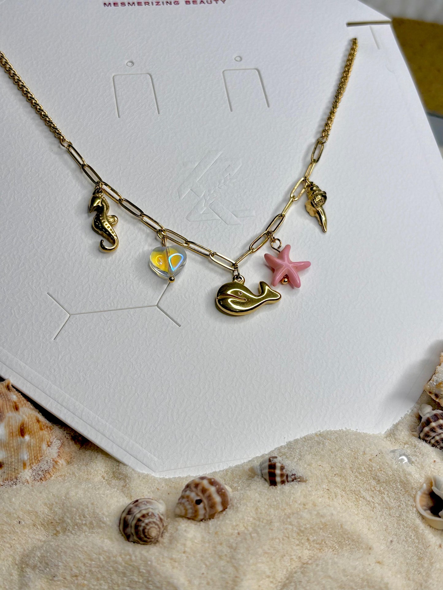 Women’s Gold-Plated Anti-Tarnish Charm Necklace | Sea-Inspired Chain with Whale, Starfish, Seahorse & Shell Charms | Stylish Charm Chain for Women | Trendy Anti-Tarnish Jewellery for Girls & Women
