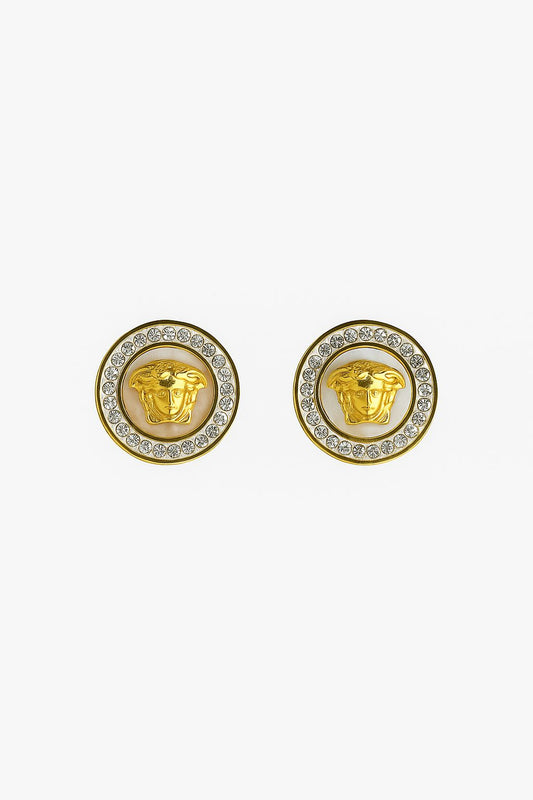ZIOR- Korean Fashion Anti-Tarnish Gold Plated Stainless Steel Stud Earrings for Women - Round Design with Gold Tone Face Motif & Crystal Halo