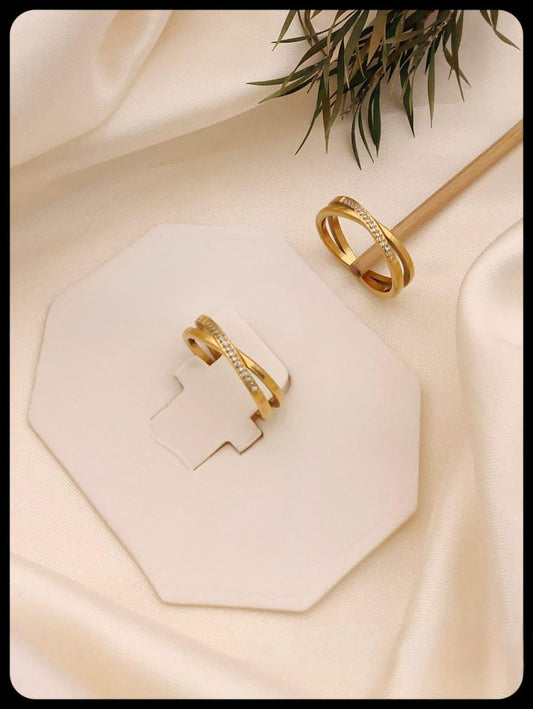 Anti-Tarnish Gold Crossover Ring for Women | Korean Style Pave Crystal Jewellery