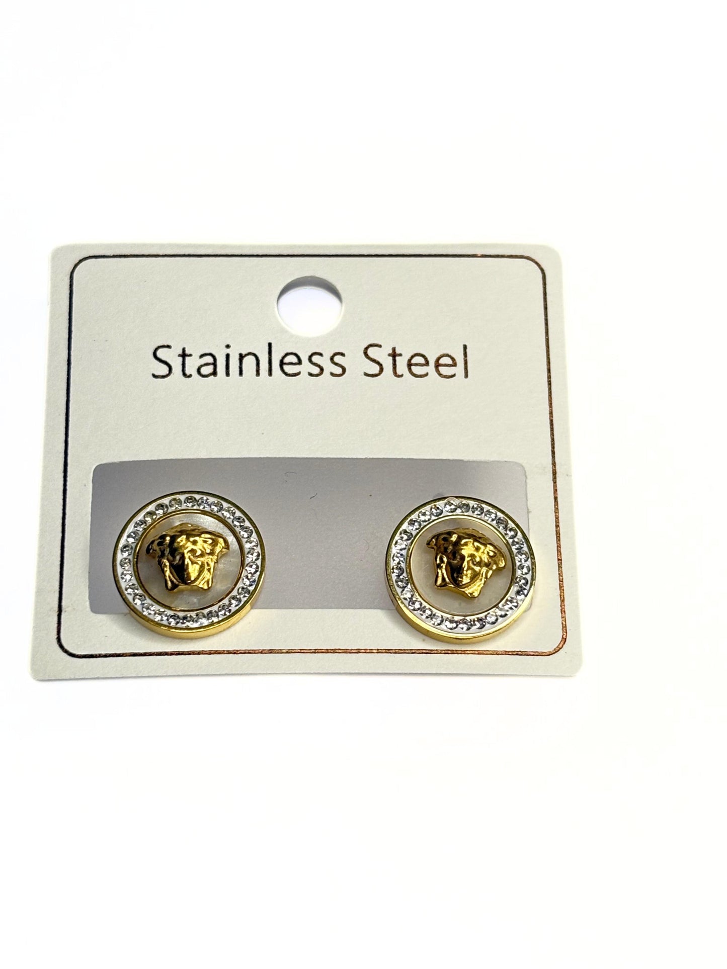 ZIOR- Korean Fashion Anti-Tarnish Gold Plated Stainless Steel Stud Earrings for Women - Round Design with Gold Tone Face Motif & Crystal Halo