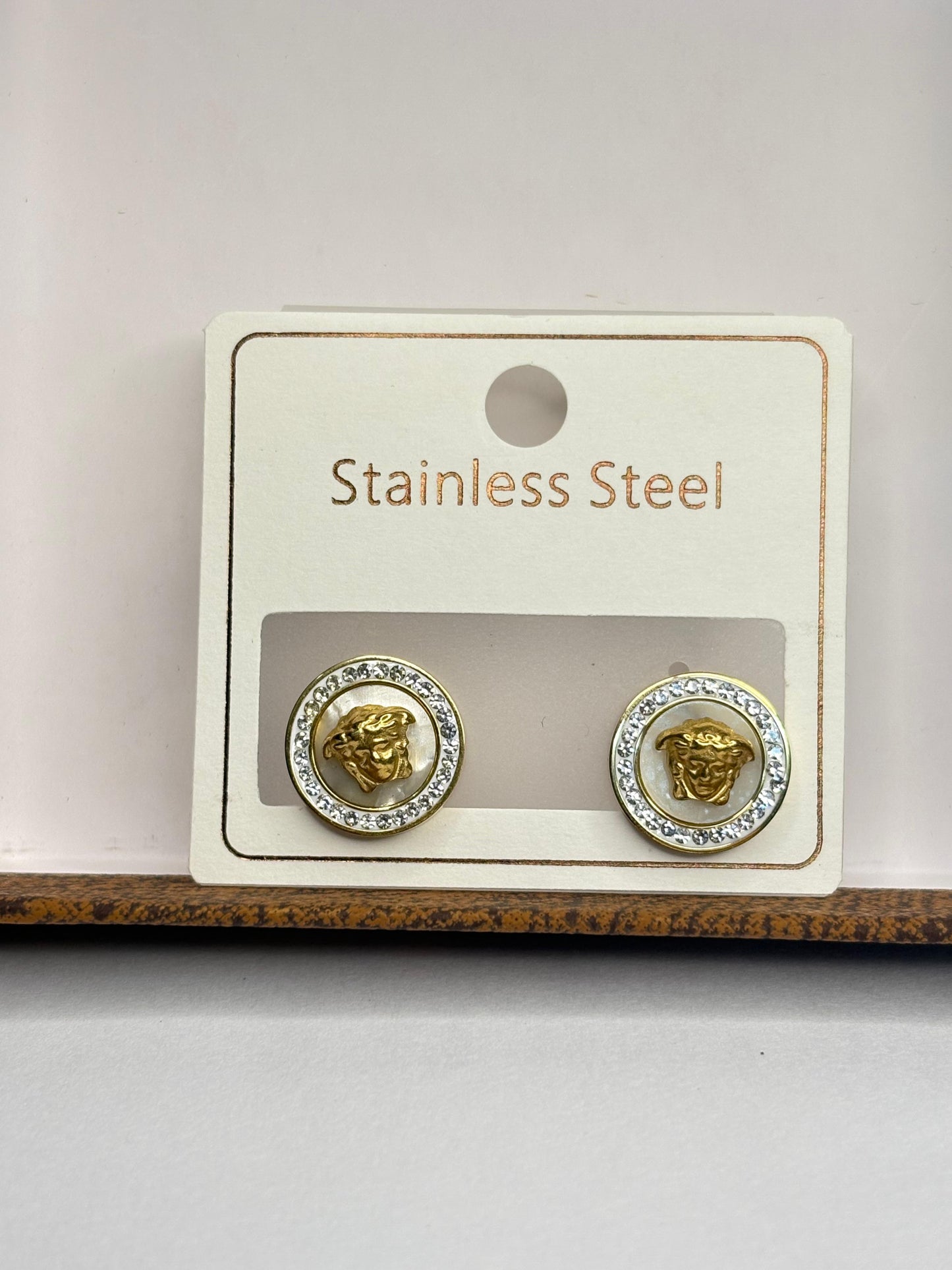 ZIOR- Korean Fashion Anti-Tarnish Gold Plated Stainless Steel Stud Earrings for Women - Round Design with Gold Tone Face Motif & Crystal Halo