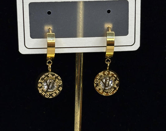 Korean Trend Anti-Tarnish Gold Plated Dangle Hoop Earrings for Women - Round Charm with Letter & Motif Design, Crystal Accent