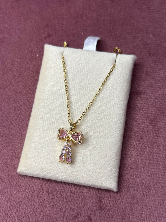 Pink Rhinestone Hanging Bow Necklace Chain