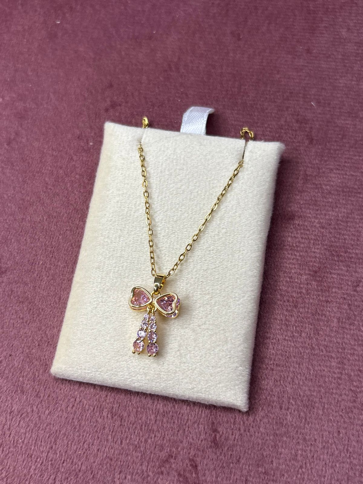 Pink Rhinestone Hanging Bow Necklace Chain