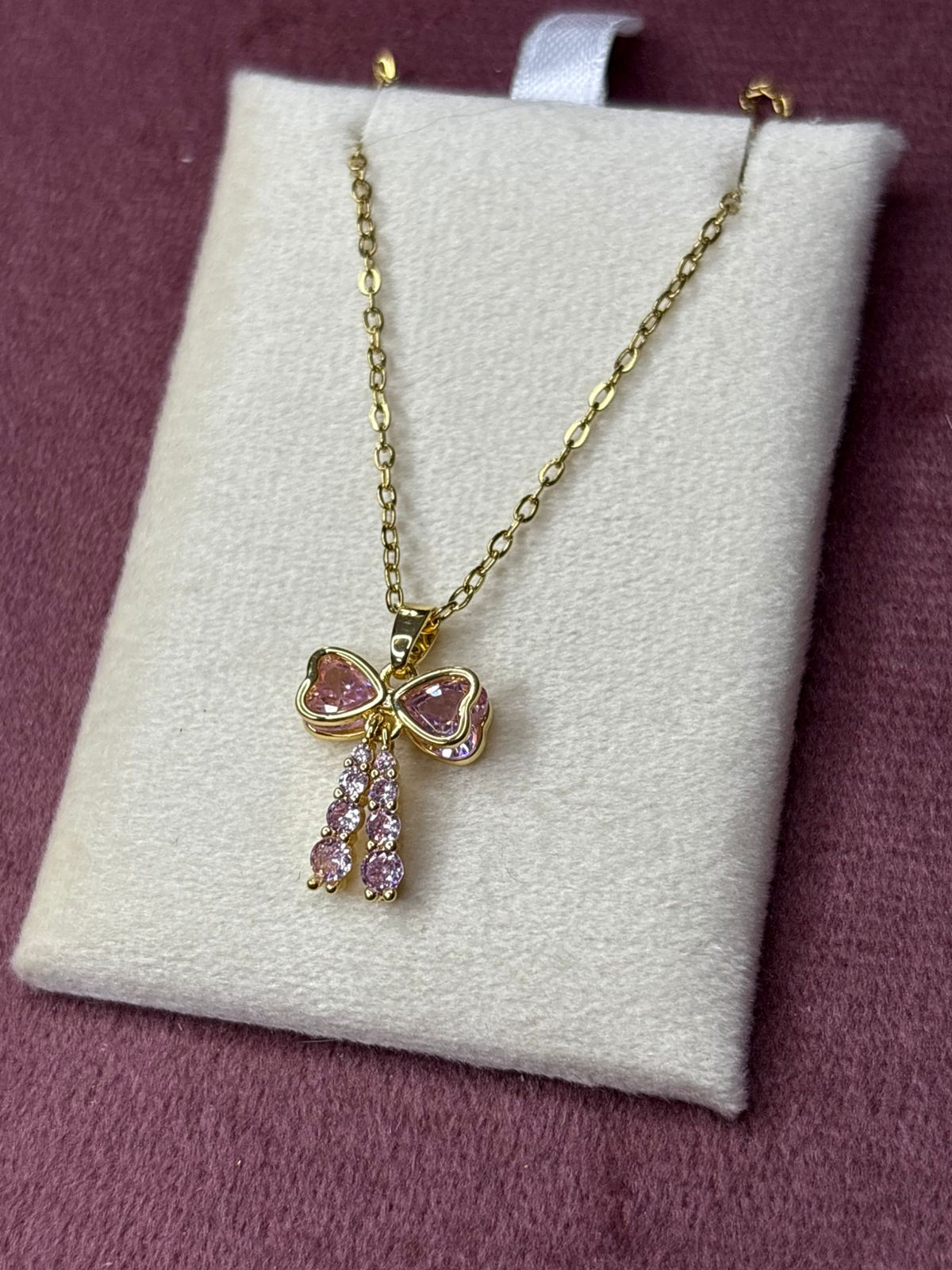 Pink Rhinestone Hanging Bow Necklace Chain