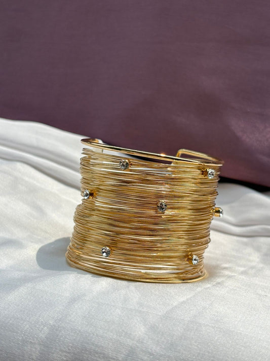 Golden Wire Cuff Bangle with Crystals