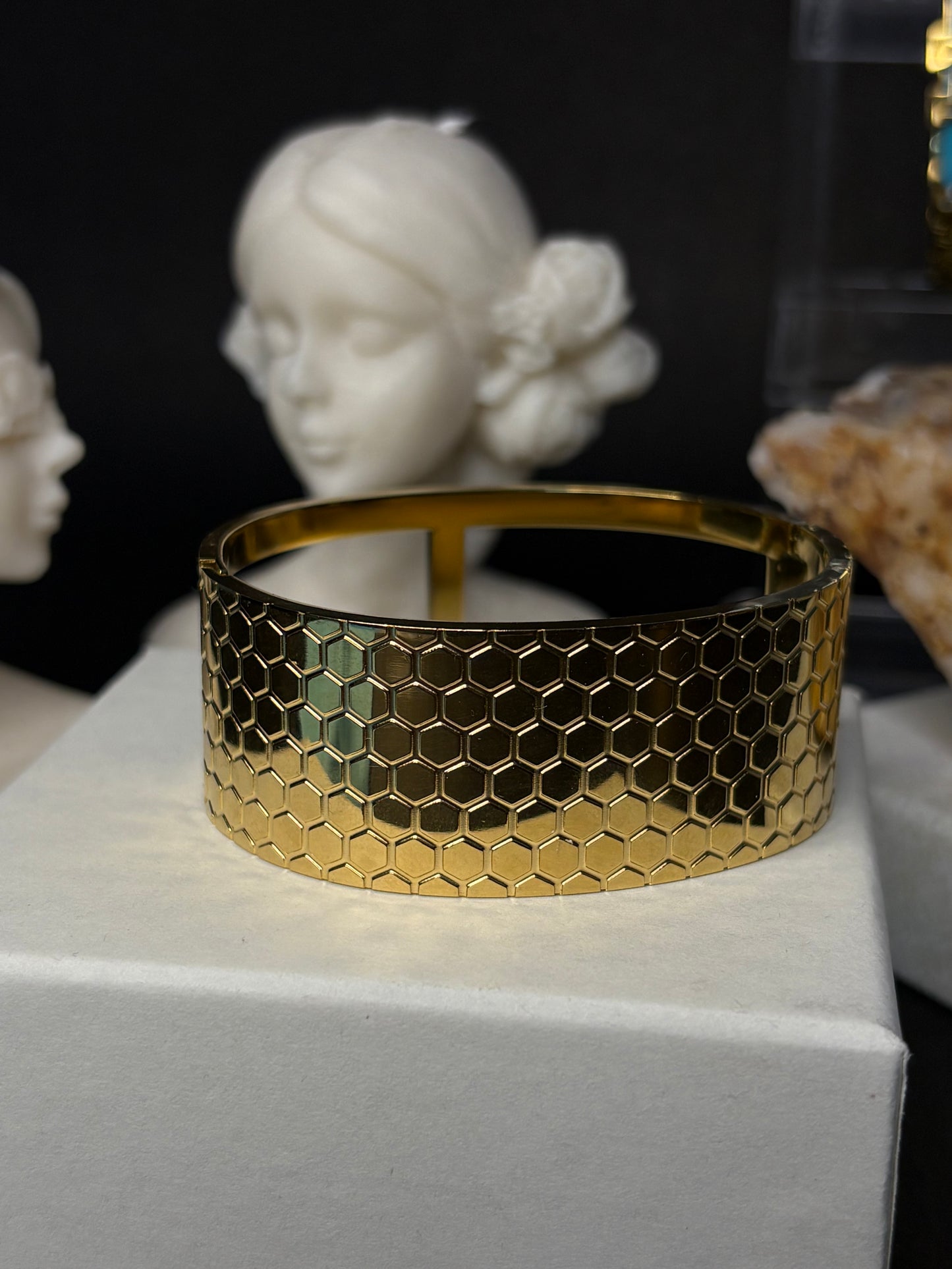 ZIOR Women's Gold-Plated Wide Cuff Bracelet Elegant Honeycomb Pattern