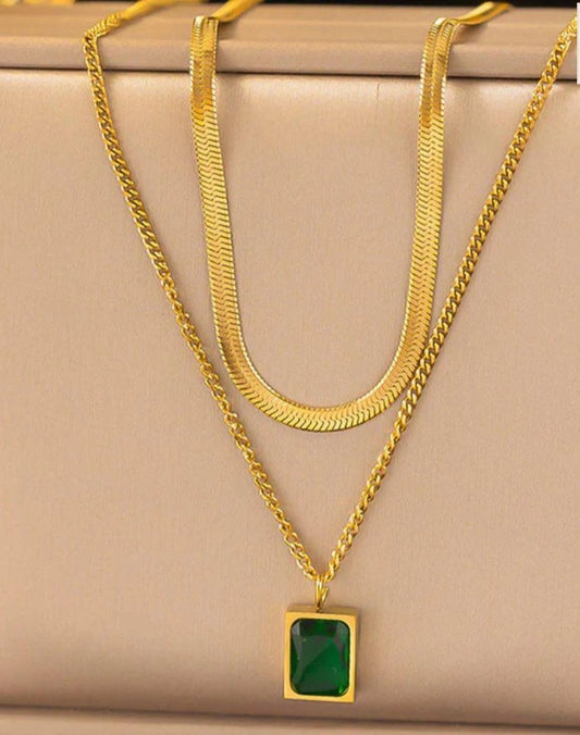 GOLDEN GRACE DUO NECKLACE- GREEN